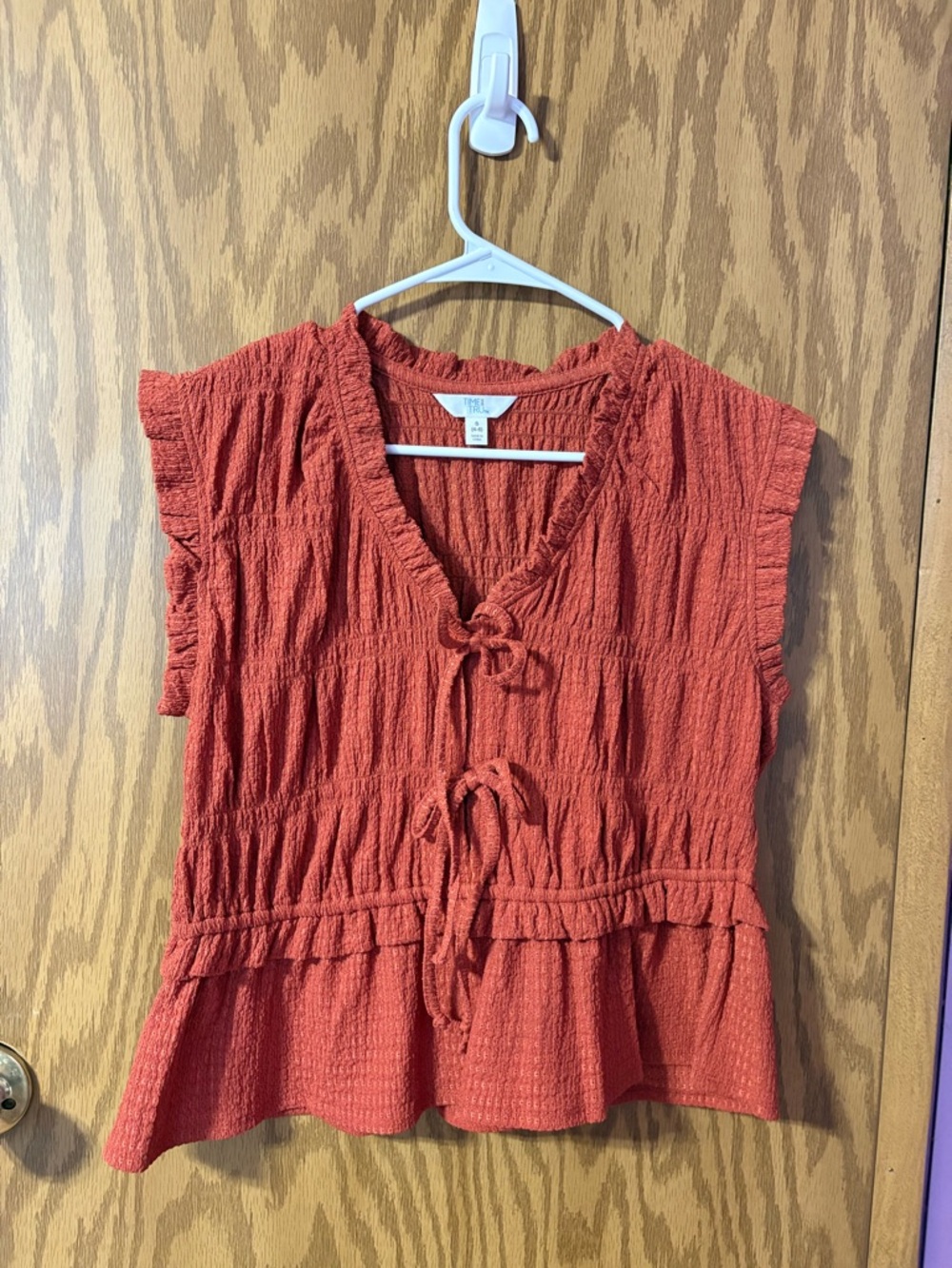 Time and Tru Rust Textured Tie-Front Peplum Women's Top